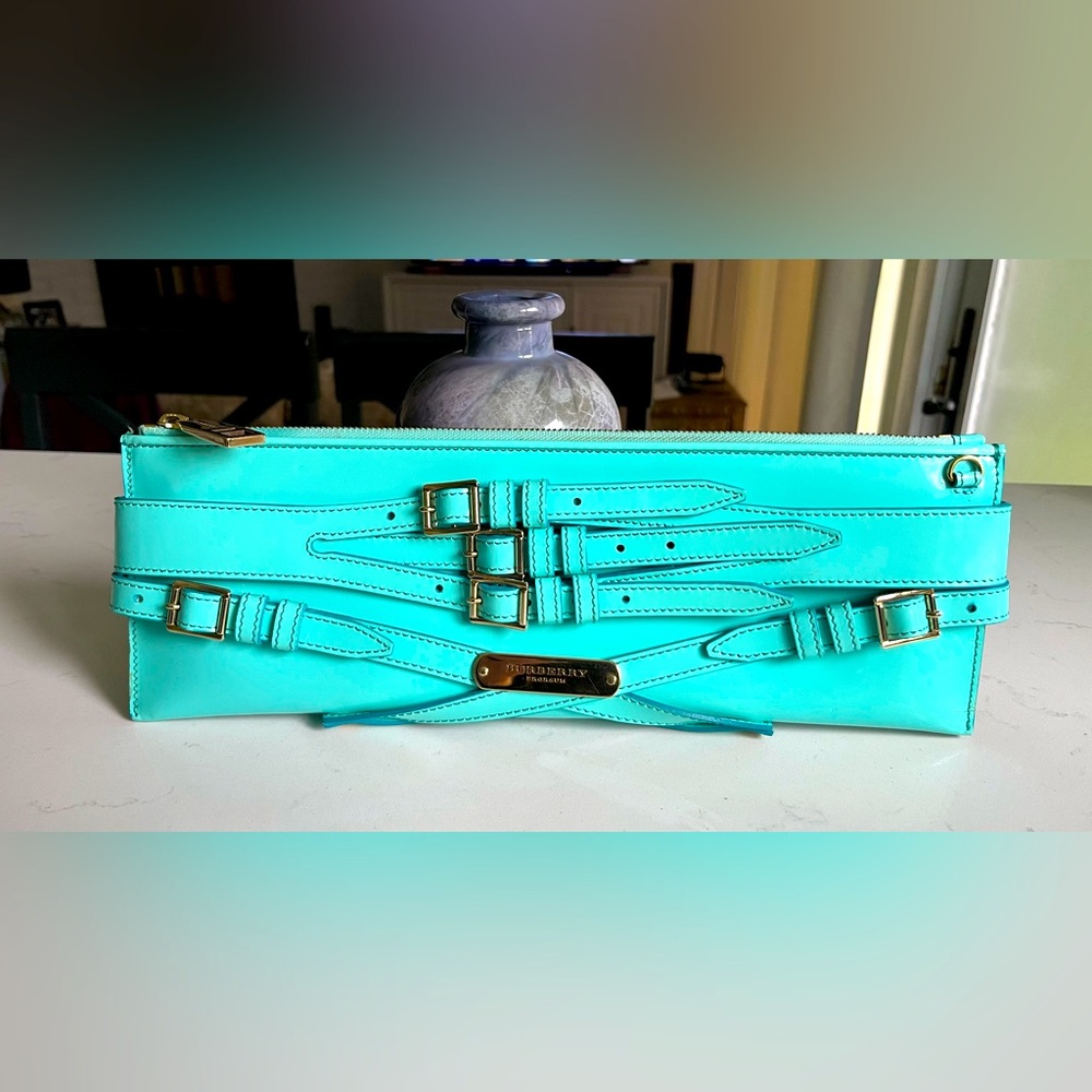 BURBERRY PRORSUM Aqua Patent Leather Clutch with Gold Hardware in EUC